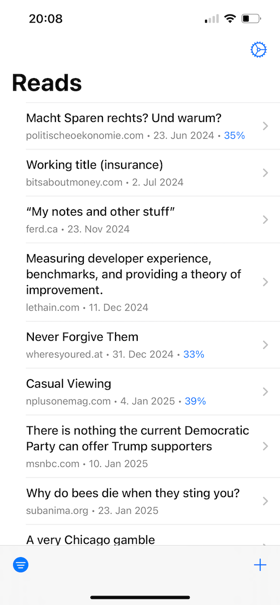 A screenshot of the app showing a list view of articles